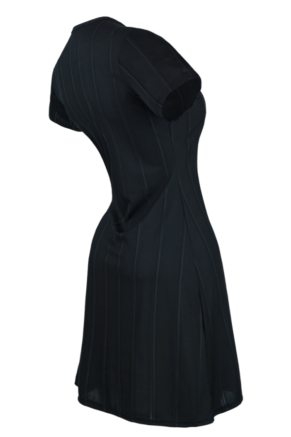 Vestido Textura Rayas Verticales Color Negro Manga Corta Para Mujer